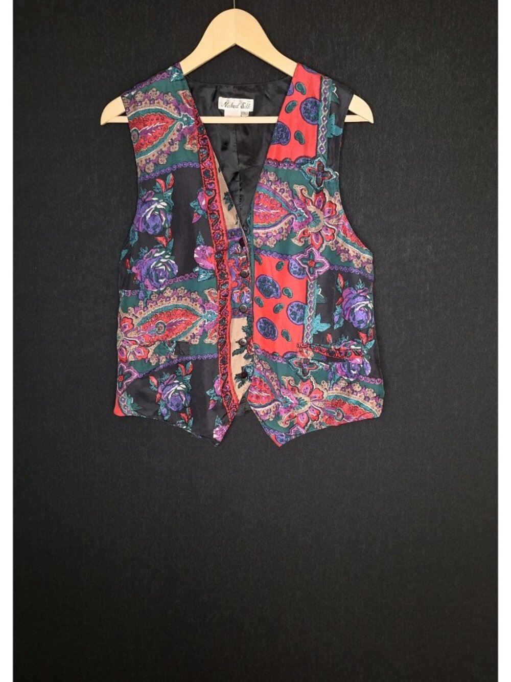 💙 Naked Silk 100% Silk Vintage Paisley Floral Button Front Size L Lined Vest Wa